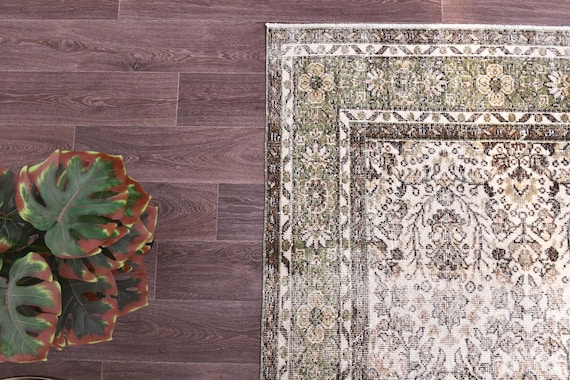 6x10 Vintage Turkish Rug, Ivory Sage Green Color Handmade Area Rug
