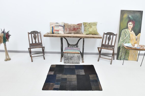 3x4 Small Size Kilim Patchwork Rug, 3x4, Patchwork Kilim Rug, 3x4 Rugs, Wool Handmade Kilim, Shades Of Blue Patchwork, 3x4 Area Rug, Antique