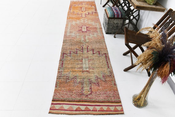3x12 Runner Rug, 3x12 Turkish Vintage Herki Runner Rug, 3x12, Herki Runner 3x12, Wool Handmade Oushak, Shades Of Pale Orange, 3x12 Rugs, 60s