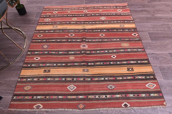 4x5 Rugs, Small Kilim, 4x5 TURKISH VINTAGE KILIM Rug, 4x5 Kilim Rug, 4x5 Area Rug, Wool Turkey Kilim, Light Copper & Red Kilim, Traditional
