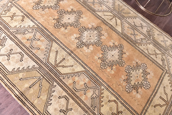 6x9 Vintage Faded Turkish Rug, 6x9 Distressed Orange Beige Brown, Handmade Wool Rug Ethnic Patterned Rug, Farmhouse Rug, 6x9 Living Room Rug