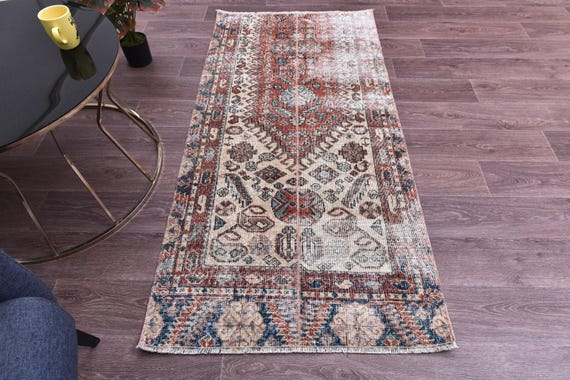 3x5 Vintage Runner Rug, 3x5 Hallway Rug, Red Blue Color, Vintage Runner, 3x5 Rug, Handwoven Wool Rug, 3x5 Runner Rug, 3x5 Turkish Runner