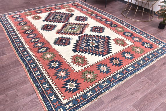 7x9 Vintage Turkish Milas Area Rug, Handmade Wool, Geometric Design, Living Room Bedroom, Luxury Rug
