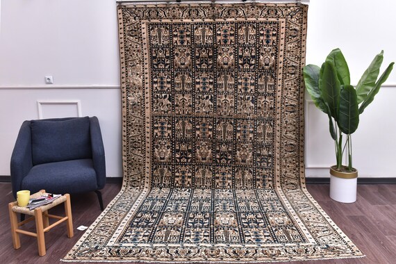 6x10 Antique Oriental Rug, Handmade Wool, Living Room Rug, Blue Brown Cream Color, Heriz Area Rug