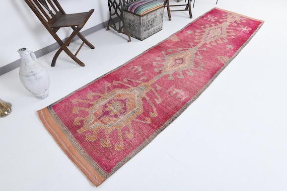 3x11 Rugs, 3x11 VINTAGE TURKISH RUNNER, 3x11, Turkish Runner 3x11, Wool Handmade Turkey Rug, 3x11 Turkish Runner, pink Color, Turkey Rug