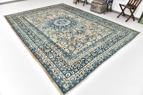 8x11 antique medalion floral blue Area Rug, 8x11 large blue Unique Rug, 8x11 OVERSIZE BLUE PERSIAN Rug, 8x11 Large Unique Area Rug,