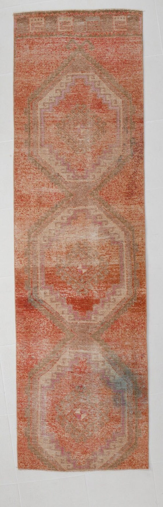 3x9 TURKISH VINTAGE Rug, 3x9 Turkish Runner, Handmade Oushak Rug, 3x9 Runner Rug, Orange & Beige Rug, Vintage Runner, 3x9, Neutral Runner
