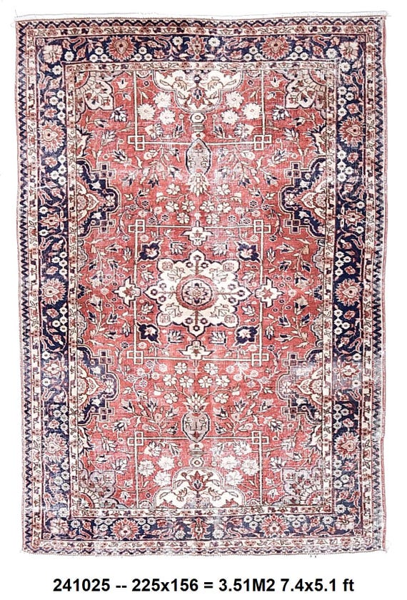 floral red 5x7 TURKISH VINTAGE RUG, 5x7 Red & Blue Vintage Rug, Aesthetic Handmade Wool Rug, Rustic Home Decor, distressed Vintage Rug 5x7.