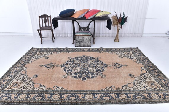 Antique Vintage Turkish Rug, 7x10 Orange & Brown Rug, 7x10 Extra Large Area Rug, 7x10 Oversize Rug, Handmade Turkish Rug, Vivid Color Rug,