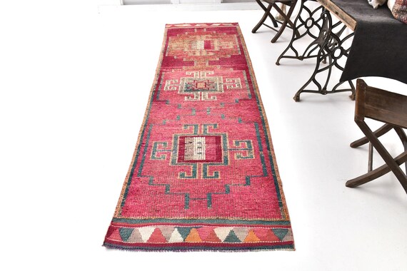 3x11 Soft Wool Herki Runner Rug, 3x11 Vintage Runner, 3x11 Rug, Rugged Handmade Wool Rug, 3x11 Runner, Pink & Red Runner Rug, Rugged Carpet
