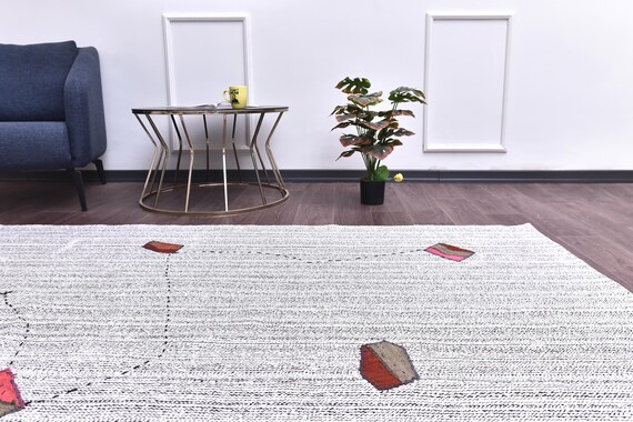 7x9 Vintage Flatweave Kilim Rug, Handmade Wool Jute Kilim Rug, 7x9 White Gray Color, Authentic Kilim Rug, 7x9 Living Room Bedroom Rug