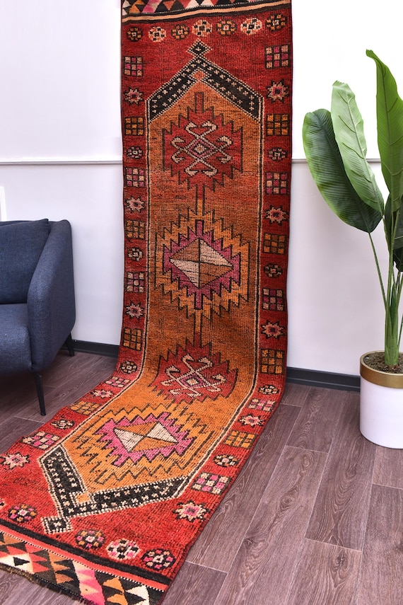 3x11 Vintage Burgundy Wool Runner Rug, Handmade Soft Wool, Traditional Design, Farmhouse Decor, Rich Color