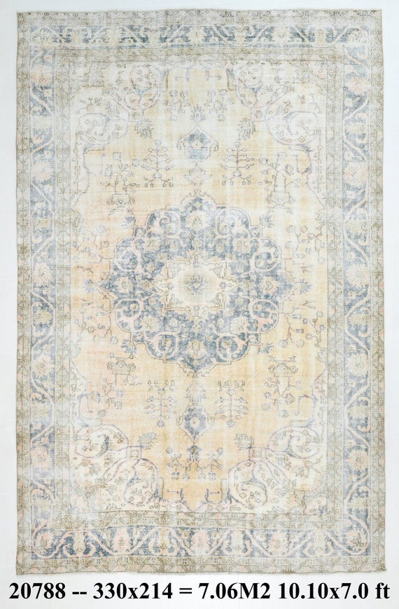 7x11 Oversize Turkish Rug, Distressed Turkish Cream and Navy Blue Area Rug Oversize Area Rug Faded Antique 1962s Carpet Rug Living Room Rugs