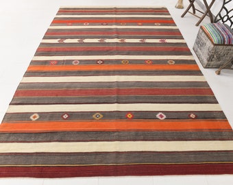 7x11 グレー レッド ストライプ キリム ラグ、7x11 キリム ラグ