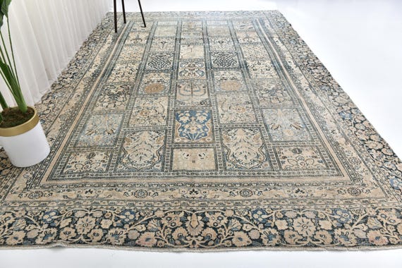 9x12 Antique Persian  Area Rug, 9x12 Blue Beige Oriental Rug, 9x12 Living Room Decor, 9x12 Handmade Wool Rug,