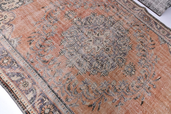 6x9 Vintage Distressed Area Rug, Muted Orange Blue Color, 6x9 Faded Turkish Rug, Handwoven Wool Rug, 6x9 Farmhouse Rug, Persian Style Rug