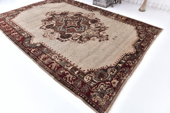 8x11 Vintage Traditional Handmade Medallion Turkish Living Room Area Rug, Burgundy Brown Color
