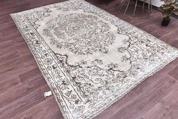 6x9 Vintage Faded Floral Area Rug, Cream Black Green Color, Farmhouse Decor, Floral Design, Living Room Bedroom Rug,