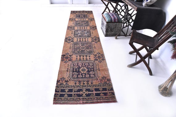 3x12 Aesthetic Vintage Runner Rug, 3x12 Vintage Runner, 3x12 Rug, Retro Handmade Hallway, Brunt Mustard & Blue Carpet, Vintage Runner 3x12