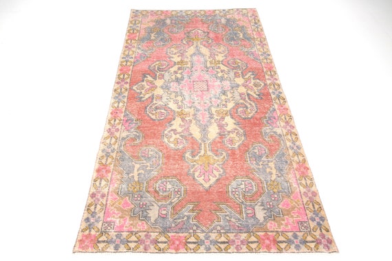 4x8 Colorful Soft Color Vintage Rug, 4x8 Vintage Rug, 4x8 Rug, Handmade Wool Rug, 4x8 Rugs, Red Pink Vintage, Bohemian Chic, Antique Rug 4x8