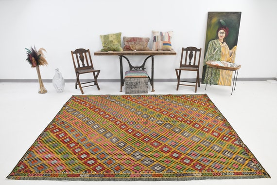 7x8 Geometric Pattern Kilim Rug, 7x8 Wool Jute Kilim Rug, Traditional Wool Rug, 7x8 Green Red Color Kilim Rug, 7x8 Kilim Rug