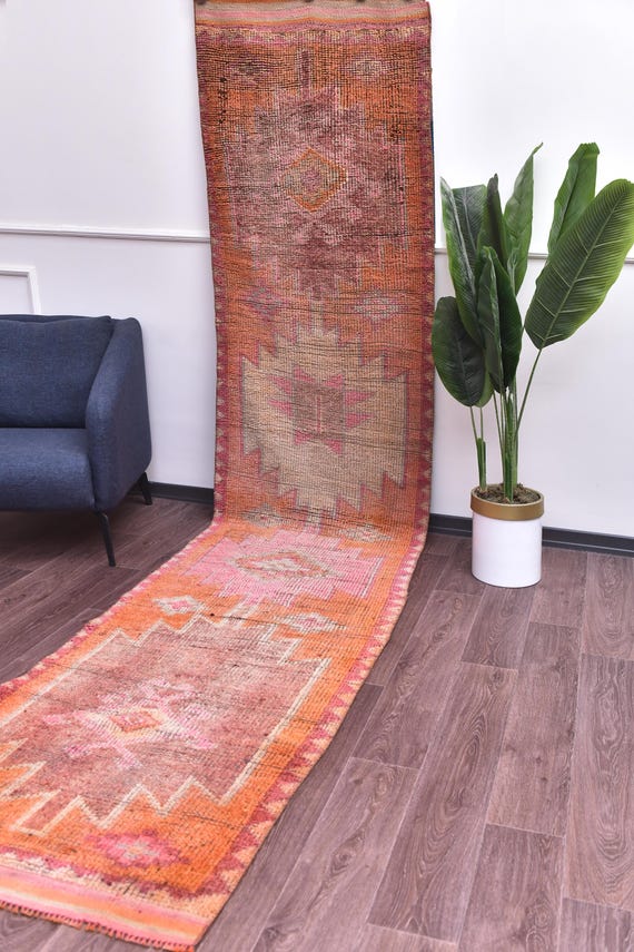 3x13 Vintage Faded Runner Rug, Peach Brown Gray Color, Hallway Kithcen Rug, Handmade Soft Wool- Turkish