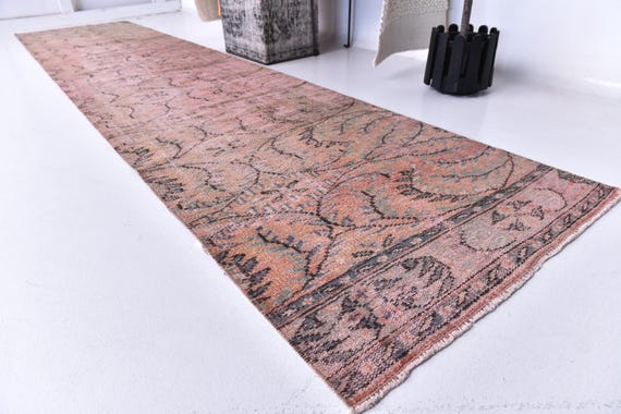 3x13 Vintage Long Runner Rug, Salmon Black Color, 3x13Handmade Runner Rug, Medallion Rug, 3x13 Kithcen Runner, 3x13 Hallway Runner Rug