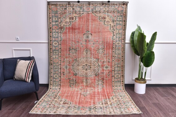 6x10 Faded Vintage Oriental Area Rug, Handmade Wool, Living Room Rug, Pale Red Green Color Outlet