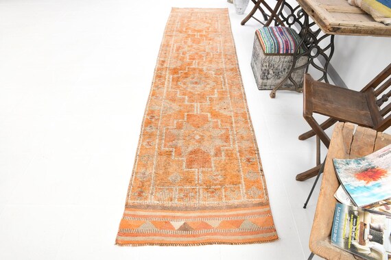 Turkish Runner Rug, 2x11 Vintage Turkish Runner Rug, 2x11, Oushak Handmade Wool Rug, 2x11 Runner Rug, Orange Beige Rug, 2x11 Vintage Runner