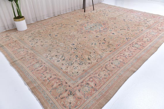 10x13 Unique Area Rug, Blue, Salmon, Beige Color Rug, 10x13 Persian Rug, Large Area Rug, 10x13 Rug, Traditional Rug, Large Decorative Rug