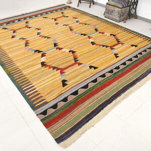 9x12 Authentic Kilim Rug, 9x12 Oversize Vintage Kilim Rug, Yellow and Rainbow Color Rug Oversize Kilim Rug, Large Area Rug, 9x12 Rug,Antique