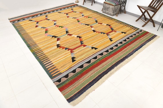 9x12 Authentic Kilim Rug, 9x12 Oversize Vintage Kilim Rug, Yellow and Rainbow Color Rug Oversize Kilim Rug, Large Area Rug, 9x12 Rug,Antique