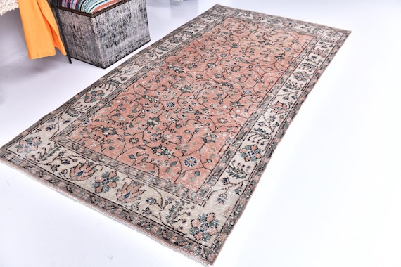 4x7 Vintage Turkish Distressed Rug, 4x7 Salmon Pink Oriental Rug, 4x7 Boho Decor Rug, 4x7 Antique Oushak Style Area Rug, 4x7 Area Rug, Gift