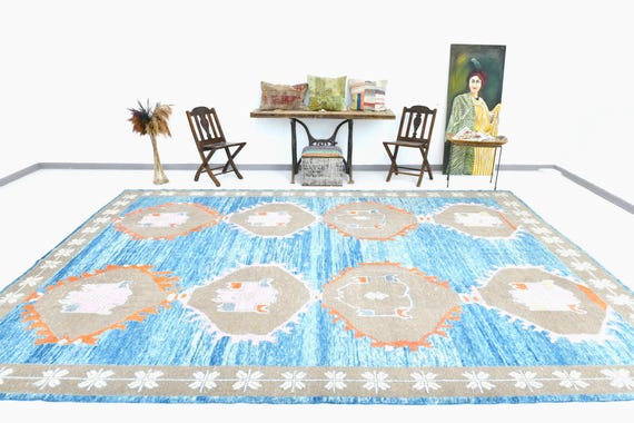 10x14 Soft Blue Vintage Rug, Oversize Vintage Rug Large Area Rug 10x14 Rug Wool Handmade Oushak 10x14 Vintage Rugs For Living Room Bedroom