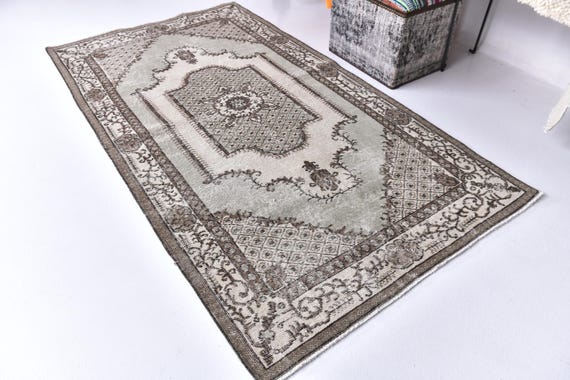 4x7 Faded Accent Rug, Brown Green Color, 4x7 Vintage Turkish Rug, Handmade Wool Rug, 4x7 Traditional Ottoman Rug, Bedroom Kithcen Rug