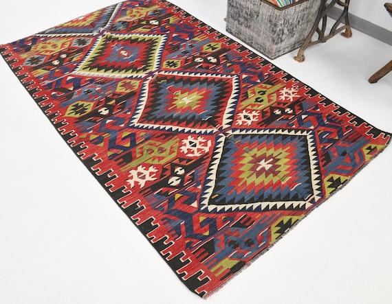 4x7 Vintage Handwoven Kilim Rug, 4x7 Wool Handmade Rug, Blue Green Black Rug, Turkish Kilim Rug, 4x7 Area Rug, Tribal Area Rug 5x7 Kilim Rug