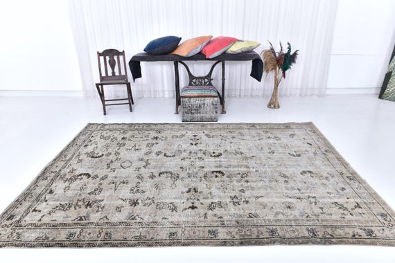 6x9 Vintage Faded Distressed Turkish Rug, Taupe Color, Handmade Living Room Rug