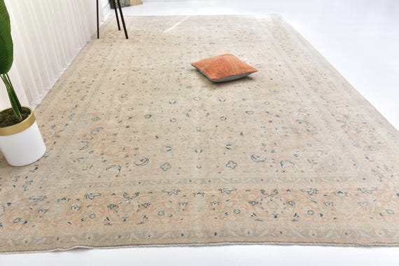 9x13 Vintage Neutral Tones Persian Area Rug, 9x13 Large Traditional Wool Rug, Beige Blue Floral Motifs, 9x13 Oriental Home Decor, Handmade