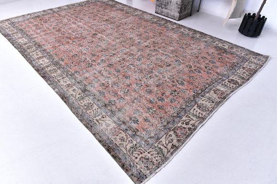 6x10 Vintage Salmon Faded Rug, Salmon Blue Color, 6x10 Handmade Wool Rug, Living Room Rug, 6x10 Distressed Rug, Farmhouse Decor, 6x10 Rug