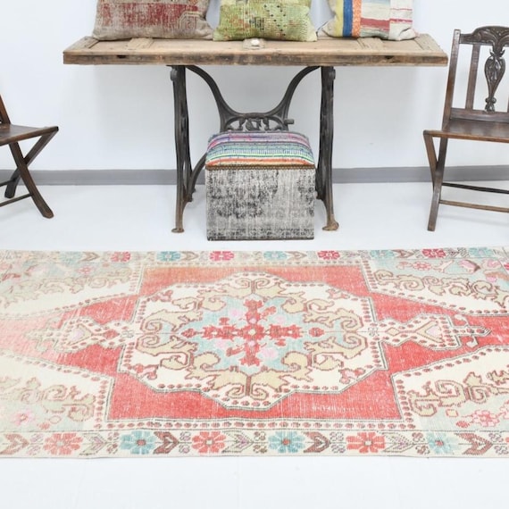 4x7 Faded Turkish Rug, soft oushak rug, antique rug, handmade rug, red oushak rug, wool rug, rustic primitve rug, anatolian rug,