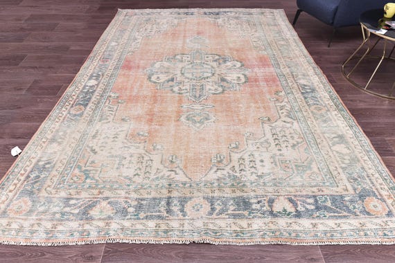 7x10 Vintage Faded Turkish Rug, Terracotta Green Color, Living Room Bedroom, Handmade Large Rug, Medallion Design