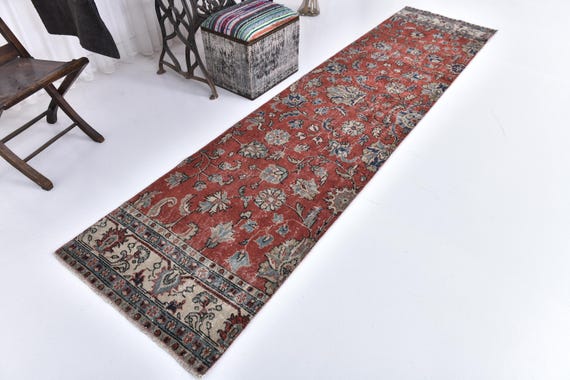 3x10 Vintage Turkish Runner Rug, 3x10 Coral Red Gray Oushak Hallway Rug, 3x10 Distressed Style Rug, 3x10 Handmade Wool Rug, 3x10 Hallway Rug