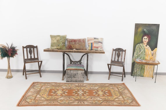 4x8 Red Turkish Vintage Area Rug,4x8 Turkish Vintage Rug,4x8 Area Rug, 3'7x7'9 Ft, Copper Soft Yellow Rug, Handmade Rug, Turkish Rug, Carpet