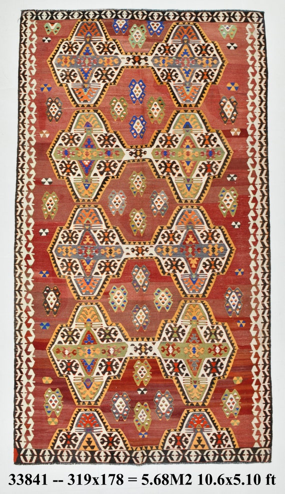6x10 Oversize Kilim Rug, Turkish Vintage Style Red And Orange Oversize Large Area Rug Handmade Wool Large Vintage Carpet Living Room Kilim