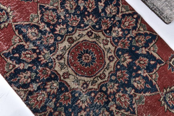 2x7 Vintage Runner Rug, Handmade Runner Rug, 2x7 Turkish Runner, 2x7 Area Rug, Hallway Rug, Red Navy Blue Rug, 2x7 Medallion Style Rug