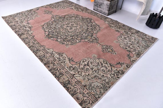 6x9 Vintage Turkish Oushak Rug, Dusty Rose Green Color, 6x9 Medallion Design, 6x9 Handamde Wool Rug, 6x9 Traditional Rug, Floral Rug 6x9,