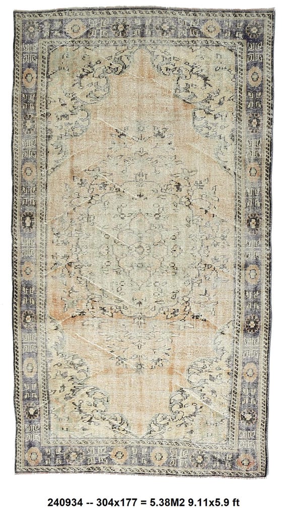 6x10 beige blue medallion Turkish Rug,6x10 Blue Beige Turkish Rug,Retro Handmade Wool Rug, Distressed Style Turkish Rug 6x10-Rug For Bedroom
