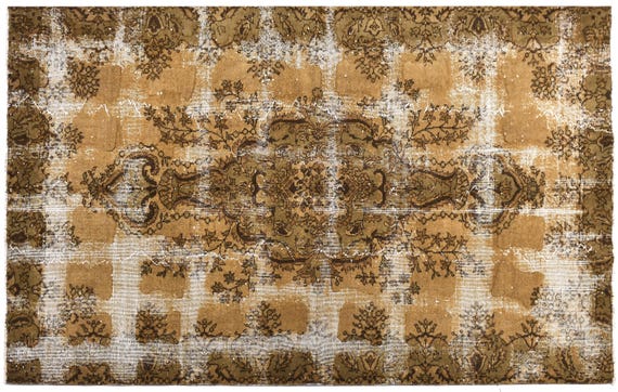 5x8 Vintage Overdyed Rug, Ombre Design, Handmade Wool, Golden Mustard Brown Color, Modern Home Decor