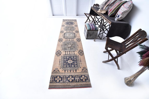 2x12 Navy Blue Orange Turkish Runner Rug - 2x12 Turkish Runner - 2x12 Rugs - Narrow Handmade Long Rug - Vintage Runner 2x12 - 58s Antique