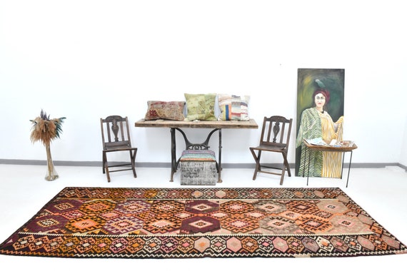5x12 Runner Rug, 5x12 Kilim Runner, 5x12 Wide Vintage Kilim Runner Rug, 5x12, Handmade Wool Rug, 5x12 Rug, Orange Black Kilim, Hallway Entry